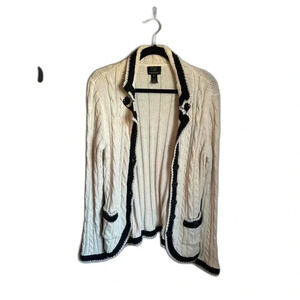 Hand Knit Chunky White and Black Button Up Sweater, Fresh Produce, Cardigan